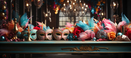 A collection of colorful Venetian masks and golden goblets, evoking a festive and mysterious masquerade ambianceの素材