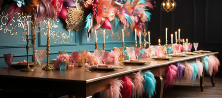 A collection of colorful Venetian masks and golden goblets, evoking a festive and mysterious masquerade ambianceの素材