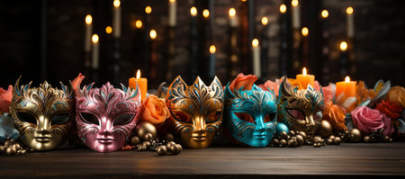 A collection of colorful Venetian masks and golden goblets, evoking a festive and mysterious masquerade ambianceの素材
