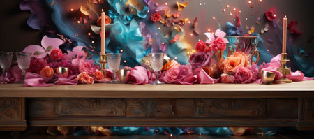 A collection of colorful Venetian masks and golden goblets, evoking a festive and mysterious masquerade ambianceの素材