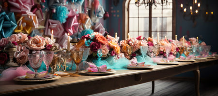 A collection of colorful Venetian masks and golden goblets, evoking a festive and mysterious masquerade ambianceの素材