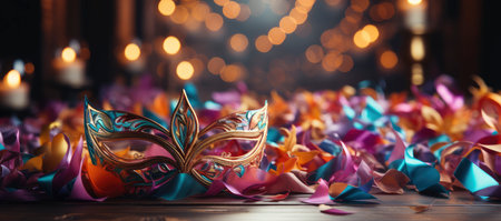 A collection of colorful Venetian masks and golden goblets, evoking a festive and mysterious masquerade ambianceの素材