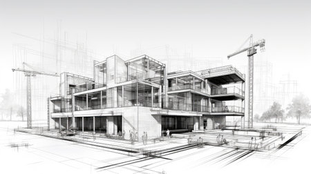 Architectural project background. Floor plan with construction sketch drawing of modern building design highly detailedの素材