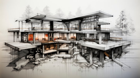 Architectural project background. Floor plan with construction sketch drawing of modern building design highly detailedの素材