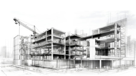 Architectural project background. Floor plan with construction sketch drawing of modern building design highly detailedの素材