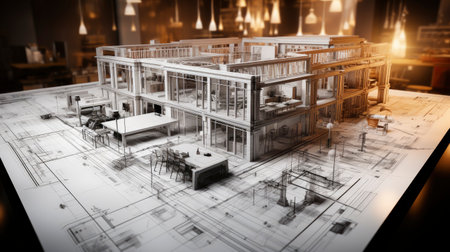 Architectural project background. Floor plan with construction sketch drawing of modern building design highly detailedの素材