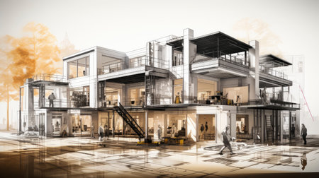 Architectural project background. Floor plan with construction sketch drawing of modern building design highly detailedの素材