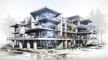 Architectural project background. Floor plan with construction sketch drawing of modern building design highly detailedの素材