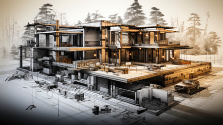 Architectural project background. Floor plan with construction sketch drawing of modern building design highly detailedの素材