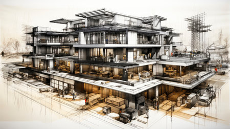 Architectural project background. Floor plan with construction sketch drawing of modern building design highly detailedの素材