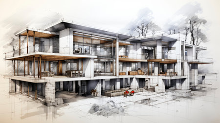 Architectural project background. Floor plan with construction sketch drawing of modern building design highly detailedの素材