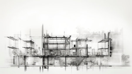 Architectural project background. Floor plan with construction sketch drawing of modern building design highly detailedの素材