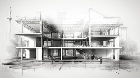 Architectural sketch of a modern building under construction, with visible scaffolding and a crane.の素材