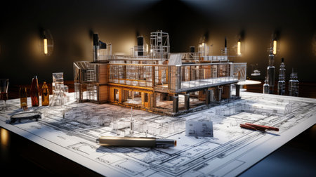 Architectural sketch of a modern building under construction, with visible scaffolding and a craneの素材