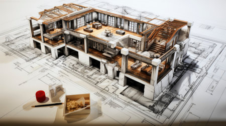 Architectural sketch of a modern building under construction, with visible scaffolding and a craneの素材