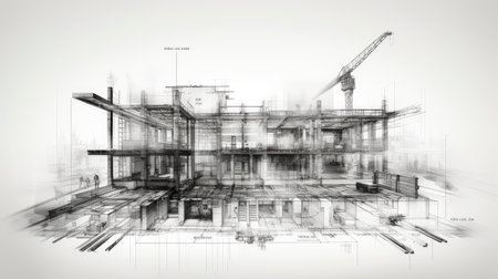 Architectural sketch of a modern building under construction, with visible scaffolding and a craneの素材