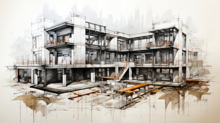 Architectural sketch of a modern building under construction, with visible scaffolding and a craneの素材