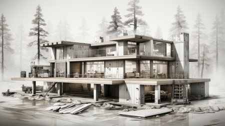 Architectural sketch of a modern building under construction, with visible scaffolding and a craneの素材