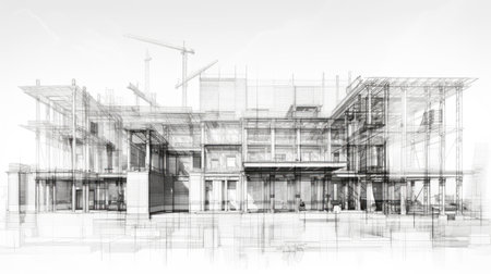 Architectural sketch of a modern building under construction, with visible scaffolding and a craneの素材