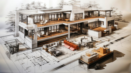 Architectural sketch of a modern building under construction, with visible scaffolding and a craneの素材