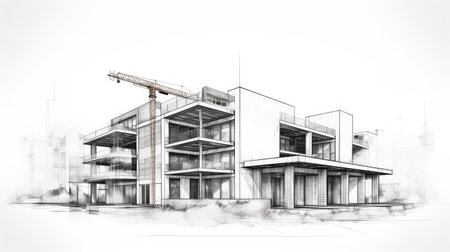 Architectural sketch of a modern building under construction, with visible scaffolding and a craneの素材