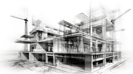 Architectural sketch of a modern building under construction, with visible scaffolding and a craneの素材