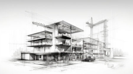 Architectural sketch of a modern building under construction, with visible scaffolding and a craneの素材