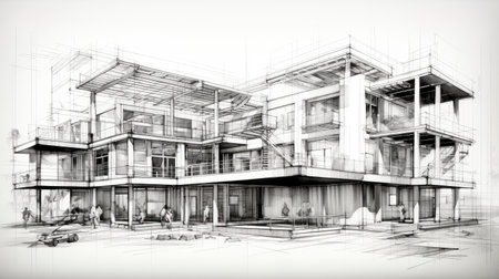 Architectural sketch of a modern building under construction, with visible scaffolding and a craneの素材