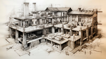 Architectural sketch of a modern building under construction, with visible scaffolding and a craneの素材
