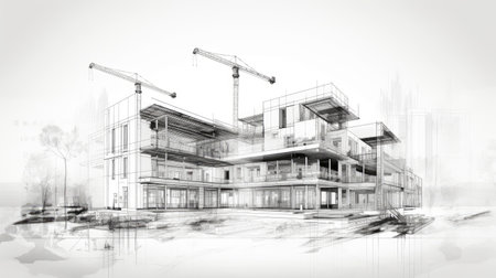 Architectural sketch of a modern building under construction, with visible scaffolding and a craneの素材