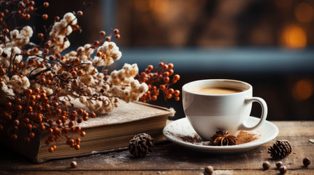 Winter coffee and powdered sugar dessert on rustic tableの素材