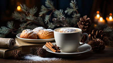 Winter coffee and powdered sugar dessert on rustic tableの素材