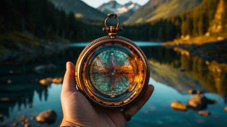 Hand holding vintage compass at sunset in mountainous landscapeの素材