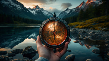 Hand holding vintage compass at sunset in mountainous landscapeの素材