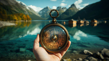 Hand holding vintage compass at sunset in mountainous landscapeの素材