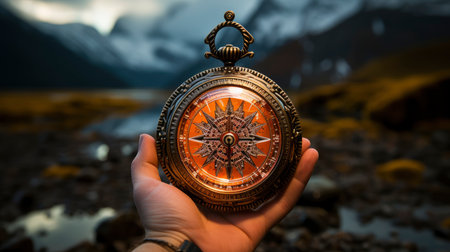 Hand holding vintage compass at sunset in mountainous landscapeの素材