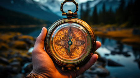 Hand holding vintage compass at sunset in mountainous landscapeの素材