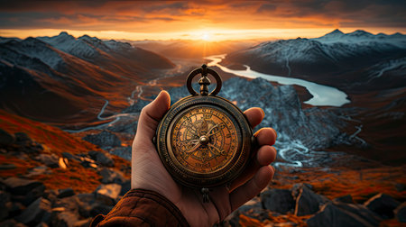 Hand holding vintage compass at sunset in mountainous landscapeの素材
