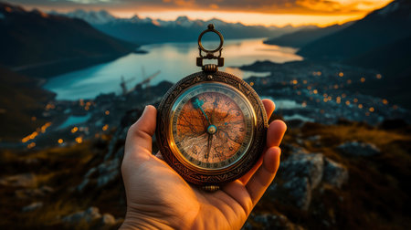 Hand holding vintage compass at sunset in mountainous landscapeの素材