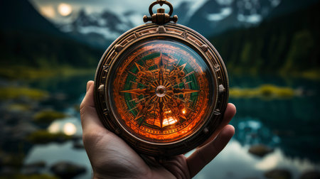 Hand holding vintage compass at sunset in mountainous landscapeの素材