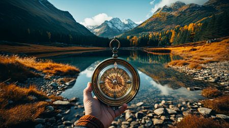 Hand holding vintage compass at sunset in mountainous landscapeの素材