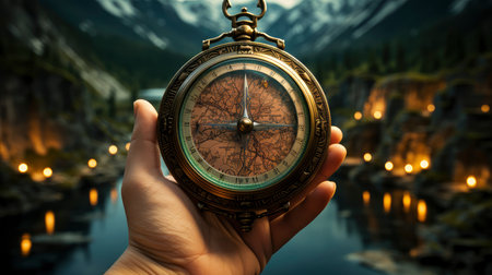 Hand holding vintage compass at sunset in mountainous landscapeの素材