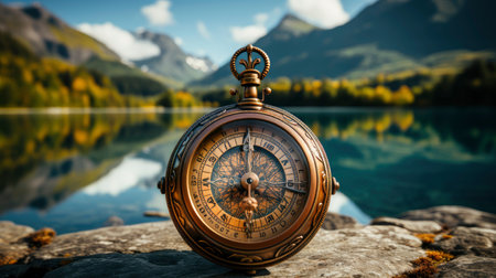 Hand holding vintage compass at sunset in mountainous landscapeの素材