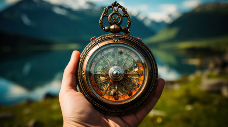Hand holding vintage compass at sunset in mountainous landscapeの素材