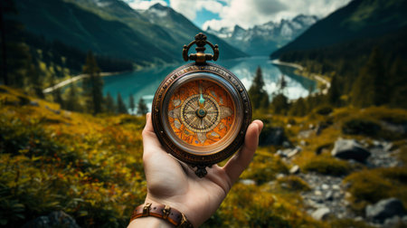 Hand holding vintage compass at sunset in mountainous landscapeの素材