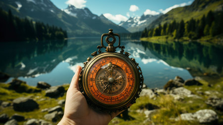 Hand holding vintage compass at sunset in mountainous landscapeの素材