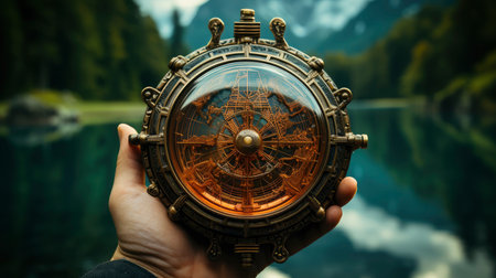 Hand holding vintage compass at sunset in mountainous landscapeの素材