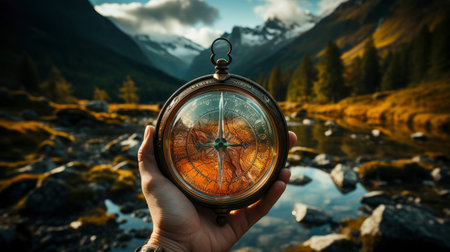 Hand holding vintage compass at sunset in mountainous landscapeの素材