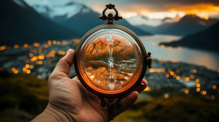 Hand holding vintage compass at sunset in mountainous landscapeの素材