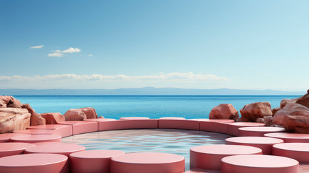 Modern pink podium overlooking the sea with floral arrangementの素材